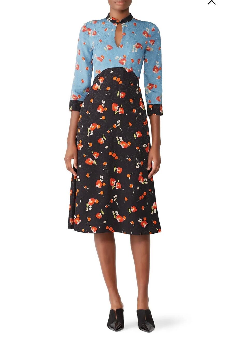 Vilshenko Michaela Jacquard Floral Black Blue Keyhole Midi Dress Size 6